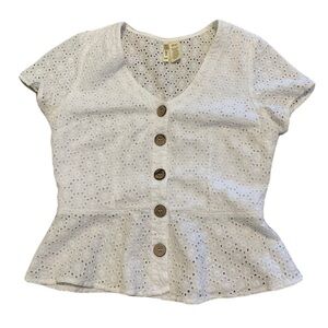 Japna White Eyelet Lace Peplum Blouse Top - Size Small